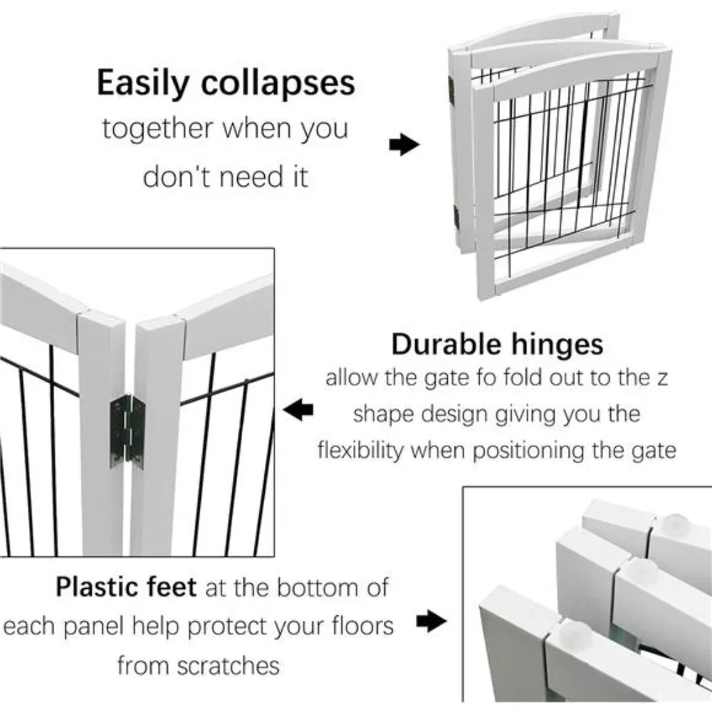 Freestanding Foldable Dog Gate for House ExtraWide Wooden Whiteindoor Puppy Gate